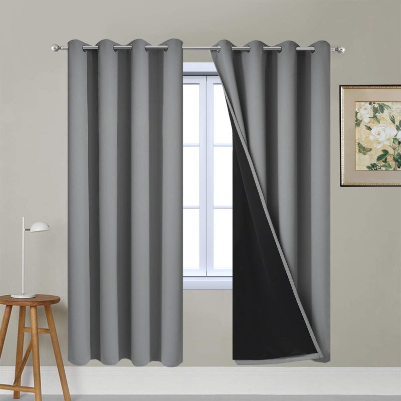 Yakamok Soft and Smooth Full Shading Curtains, 100% Blackout Curtains for Bedroom, 2 Thick Layers Thermal Insulated Drapes with Black Liners (52Wx63L, Grey, One Pair) - Image 1